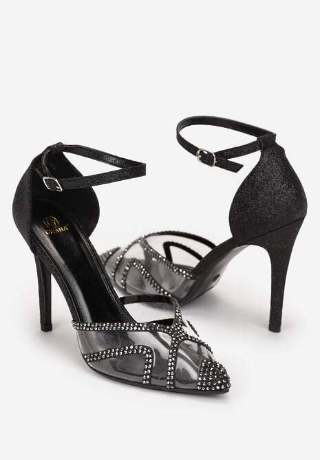 Czarne Brokatowe Szpilki z Transparentnym Noskiem i Cyrkoniami Zale