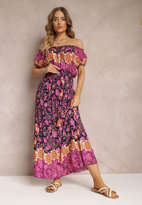 Fioletowo-Granatowa Rozkloszowana Sukienka Midi Hiszpanka z Gumką w Talii z Bawełny w Kwiaty Bienne