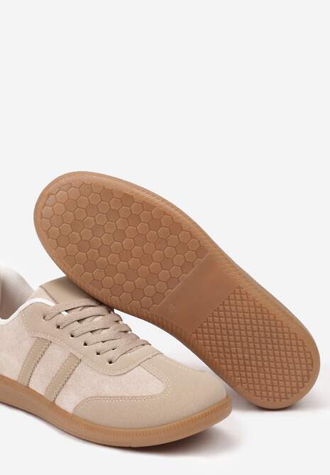 Ciemnobeżowe Casualowe Sneakersy z Ekozamszu na Płaskiej Podeszwie Pemeriana
