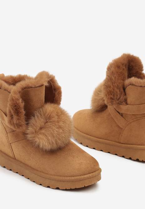 Brązowe Śniegowce na Płaskiej Podeszwie z Pomponami z Futerka Seamira