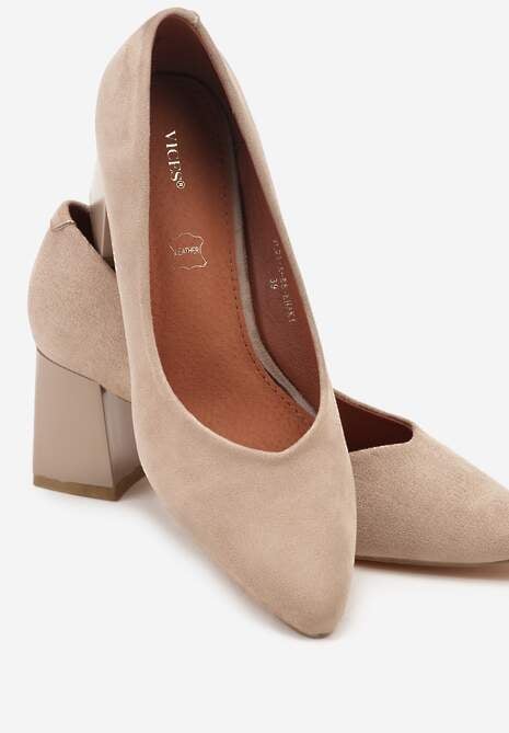 Ciemnobeżowe Czółenka Vices na Stożku z Wkładką ze Skóry Naturalnej Esande