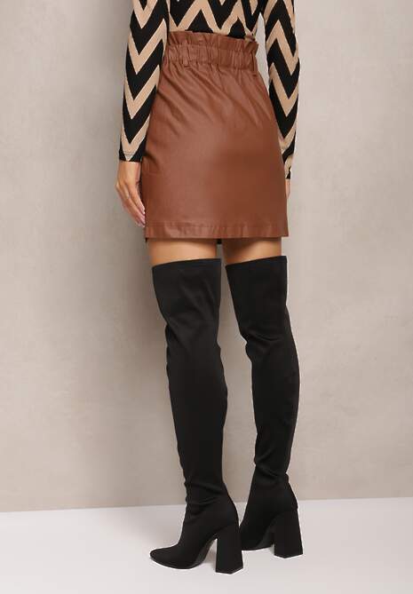 Brązowa Spódnica z Ekoskóry z Ozdobnie Marszczoną Talią Selja