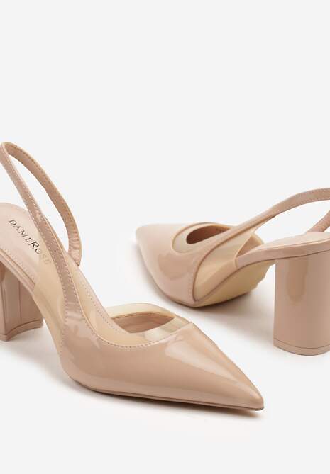 Beżowe Sandały Lakierowane na Słupku typu Slingback Dralzedi