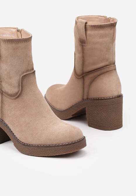 Beżowe Ocieplane Botki na Słupku Ozdobione Paskiem Asintila