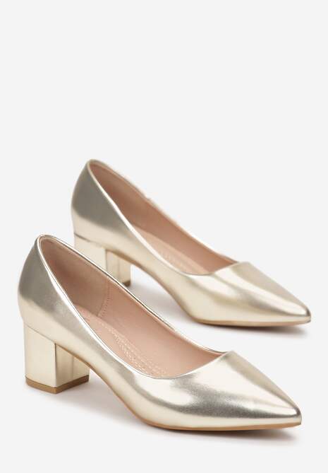 Złote Czółenka z Noskiem w Szpic z Imitacji Skóry Mennaka