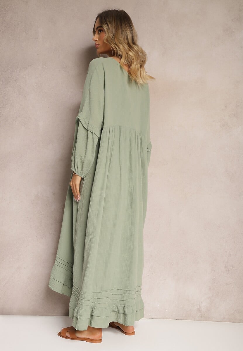 Ciemnozielona Muślinowa Trapezowa Sukienka z Bawełny Wykończona Falbaną i Ozdobnymi Rękawami Tanisea