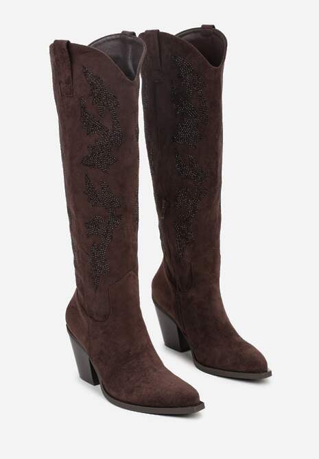 Brązowe Kozaki Kowbojki na Stożkowym Obcasie z Aplikacją z Cyrkoniami Zevrine