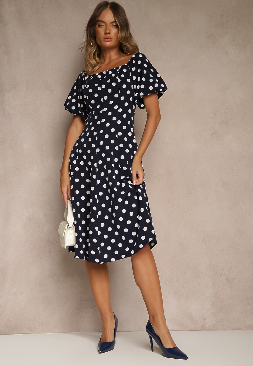 Granatowa Sukienka Hiszpanka Vices w Kropki o Rozkloszowanym Kroju Zilua
