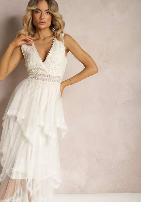 Beżowa Asymetryczna Sukienka Kopertowa z Wiązaniem na Plecach Driolla