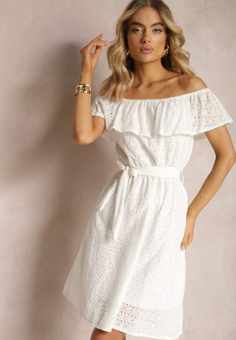 Biała Haftowana Sukienka Typu Hiszpanka z Gumką i Paskiem w Talii Qira