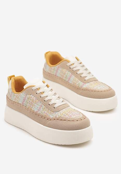 Ciemnobeżowe Sneakersy na Platformie Ozdobione Plecionką Nilaraviela