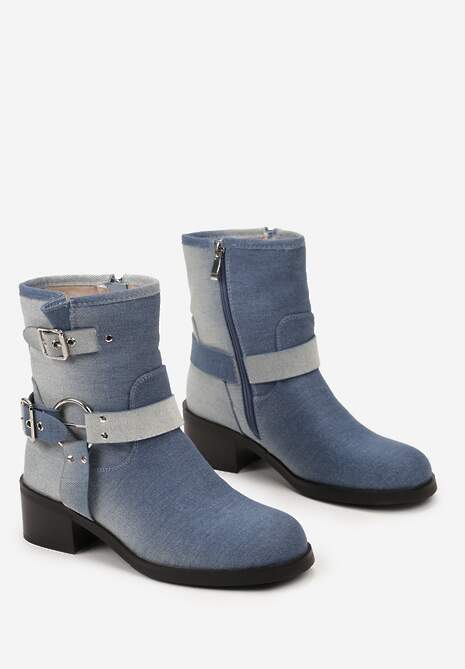 Niebieskie Botki Bikery Ozdobione Paskami i Okrągłą Klamrą Warasa