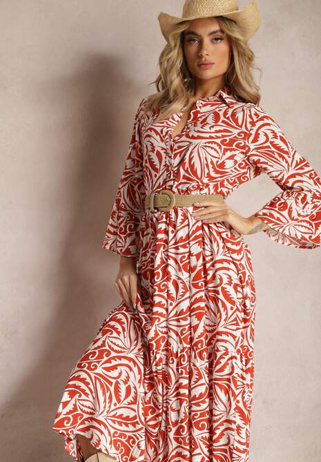 Pomarańczowo-Biała Sukienka Maxi z Falbanką z Guzikami i Orientalnym Wzorem Polka