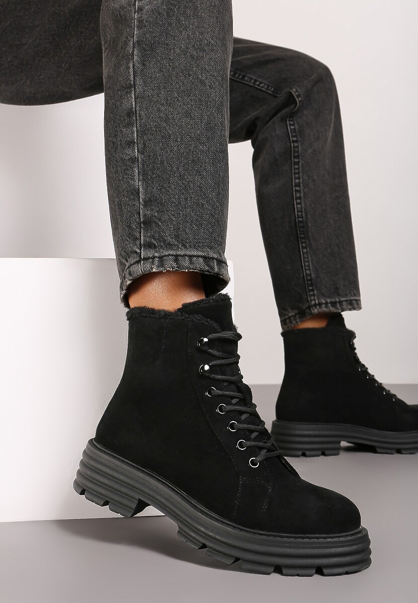 Czarne Traperki na Grubej Podeszwie z Futerkowym Zdobieniem Narinora