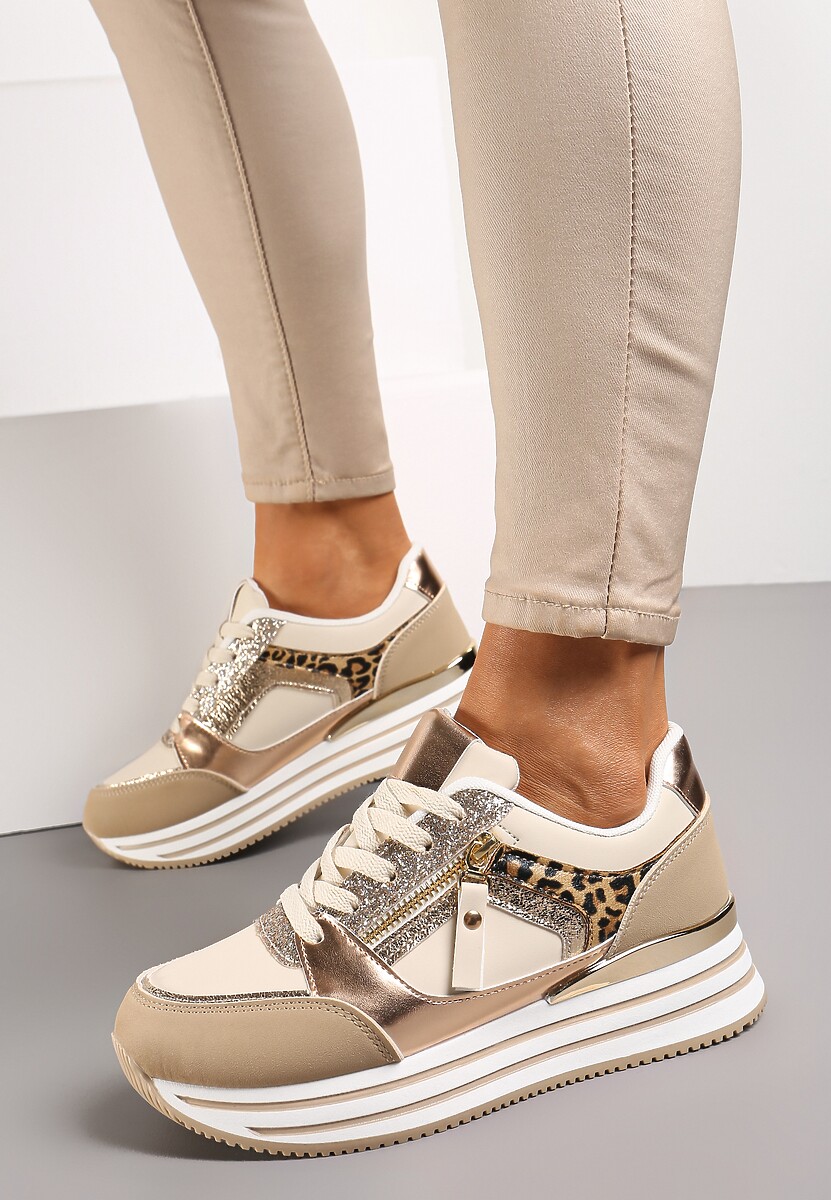 Ciemnobeżowe Brokatowe Sneakersy na Grubej Podeszwie ze Sznurowaniem i Suwakiem Irollia