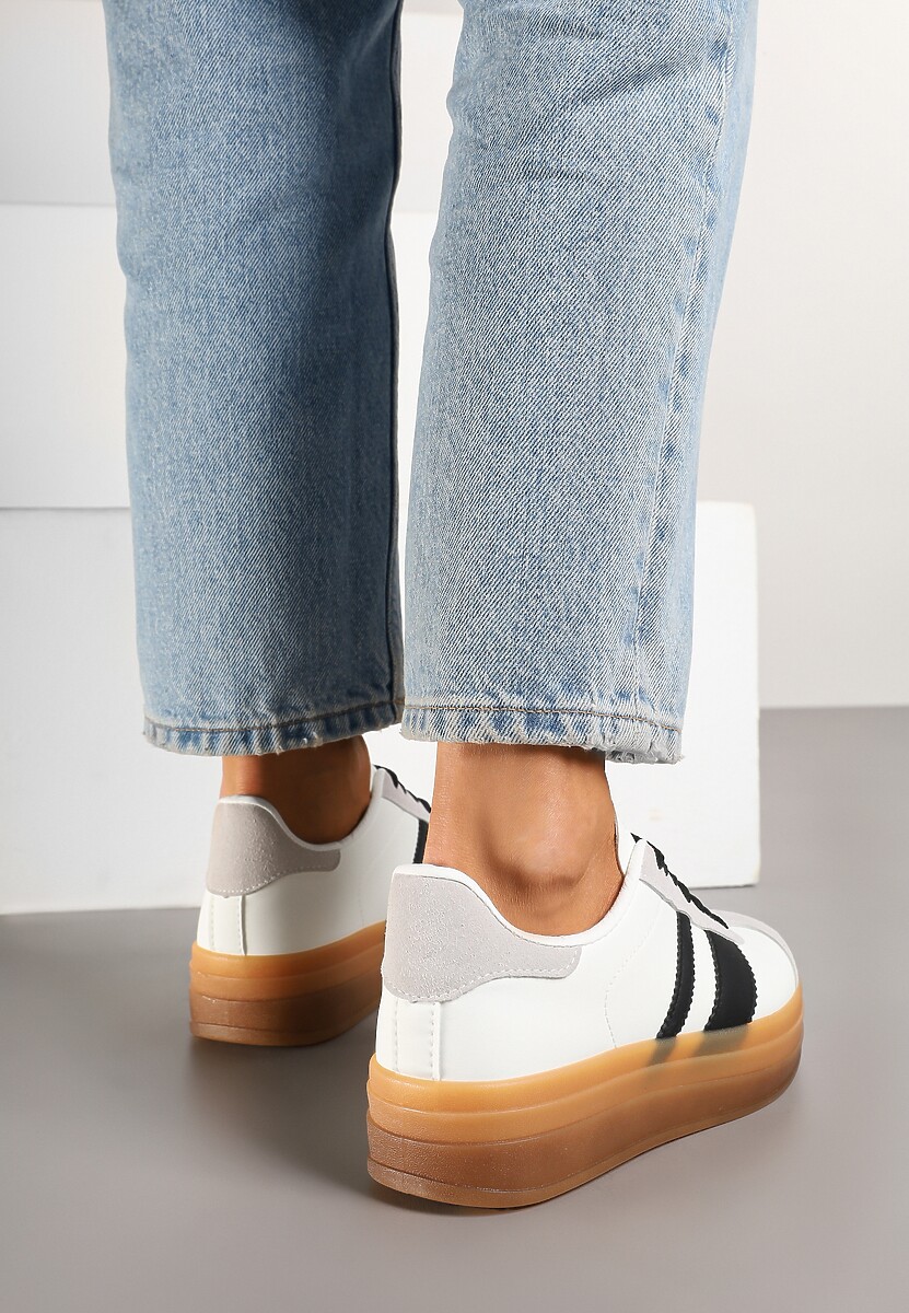 Biało-Czarne Sneakersy na Płaskiej Podeszwie z Ozdobnymi Paskami Velali