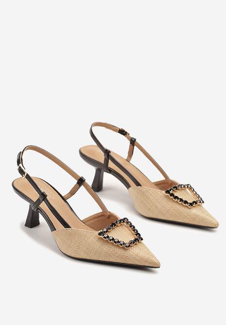 Czarne Sandały Slingback na Kaczuszce z Tweedowymi Wstawkami i Cyrkoniami Nalivna