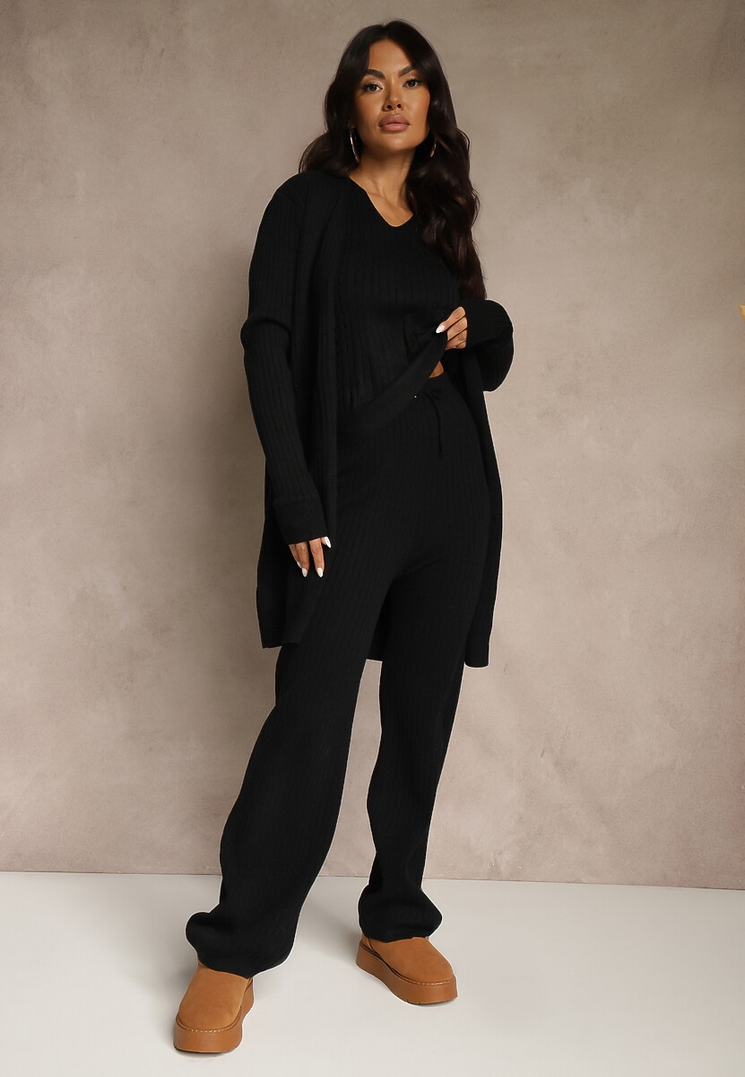 Czarny Komplet z Dzianiny z Bawełną Spodnie Kamizelka i Długi Kardigan Mevalinia