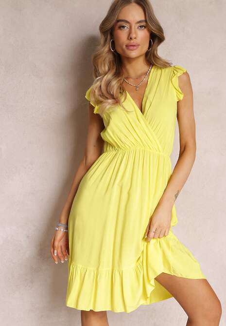 Żółta Kopertowa Sukienka z Gumką w Pasie i Falbankami Nairria