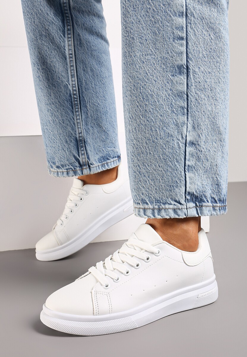 Białe Wiązane Sneakersy na Płaskiej Podeszwie z Modną Wstawką Zanelih