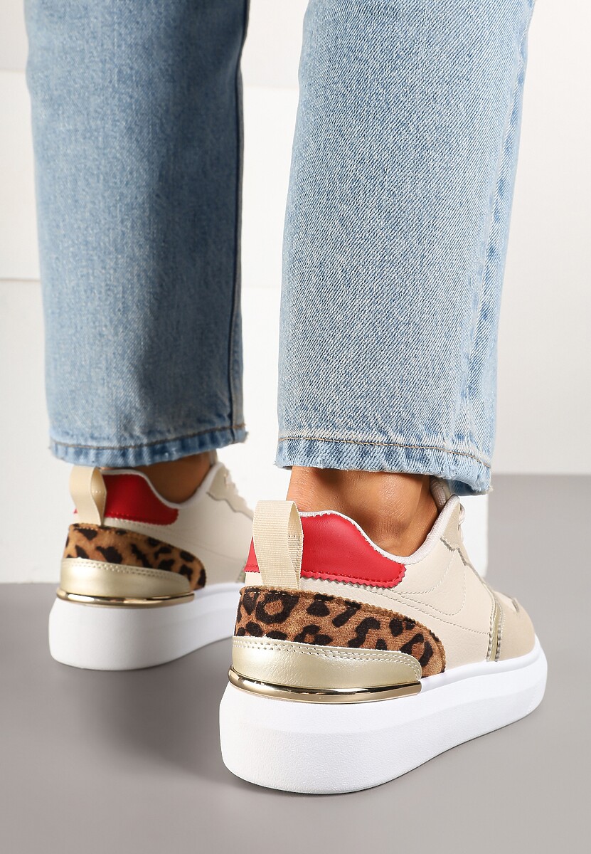 Beżowe Sneakersy z Metalicznymi Aplikacjami Ozdobione Wzorem w Panterkę Terlexia