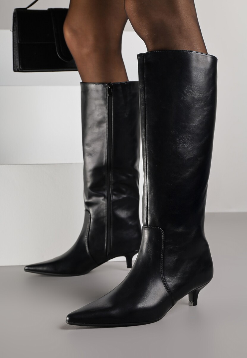Czarne Kozaki do Kolana w Eleganckim Stylu na Niskiej Kaczuszce Neredia