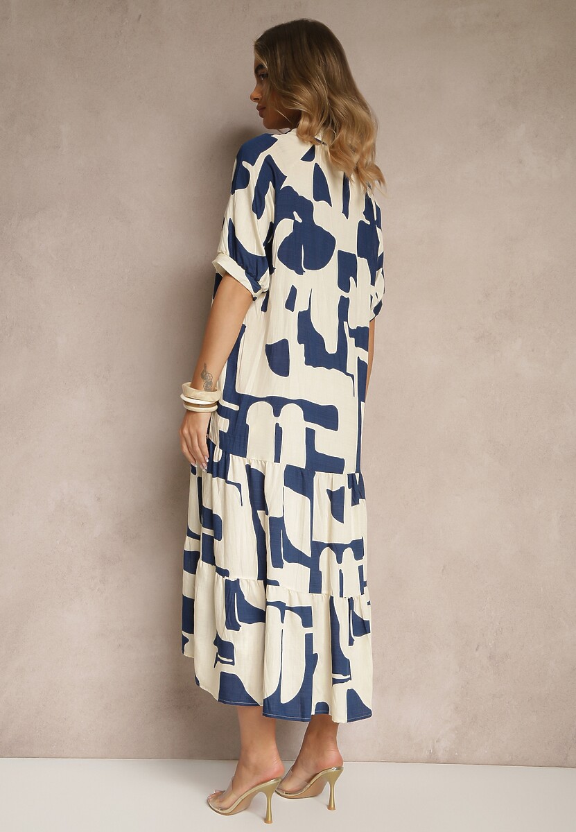 Granatowa Sukienka z Wiskozy Ozdobiona Geometrycznym Motywem Filorea