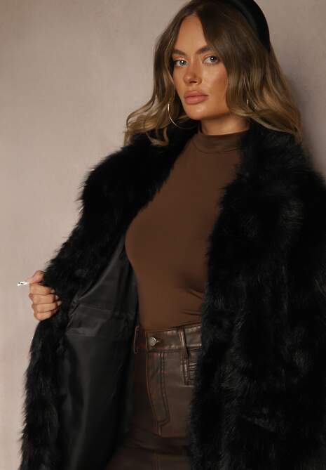 Czarny Płaszcz Futerko z Paskiem Wiązanym w Talii Dinelle