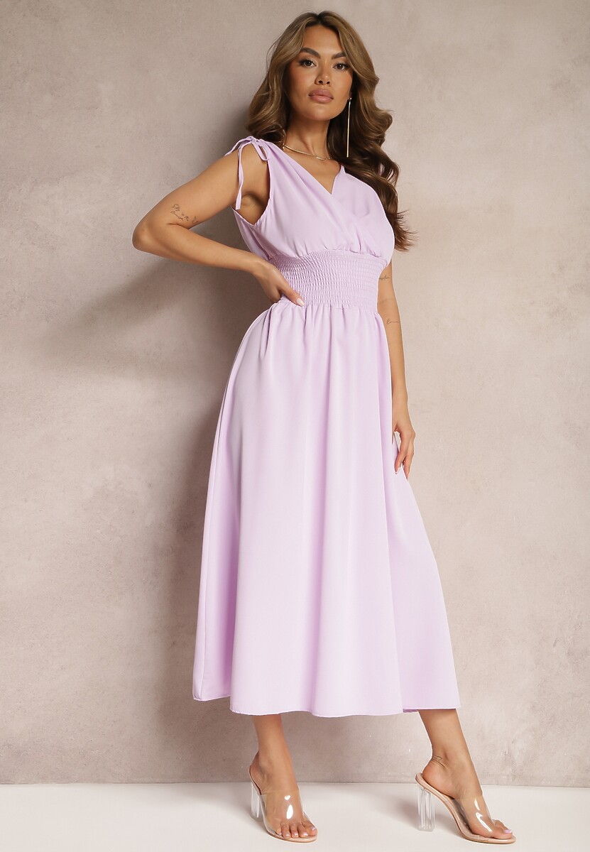 Jasnoniebieska Rozkloszowna Sukienka na Cienkich Ramiączkach z Kopertowym Dekoltem Eilinestia