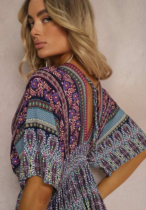Fioletowo-Niebieska Sukienka w Stylu Etnicznym z Gumką w Pasie Wiązana na Plecach Lixara
