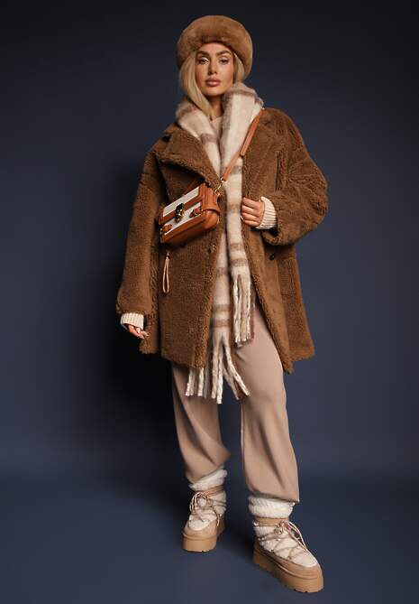 Brązowa Kurtka Futerko w Stylu Teddy Ściągane w Talii Enarithiel