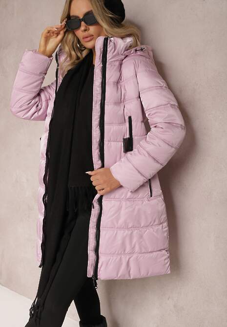 Fioletowa Kurtka Płaszcz z Poziomym Pikowaniem i Paskiem w Talii Nondra