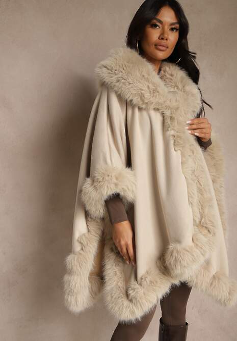 Beżowe Ponczo z Wełną i Wiskozą Obszyte Futerkiem Tevissa