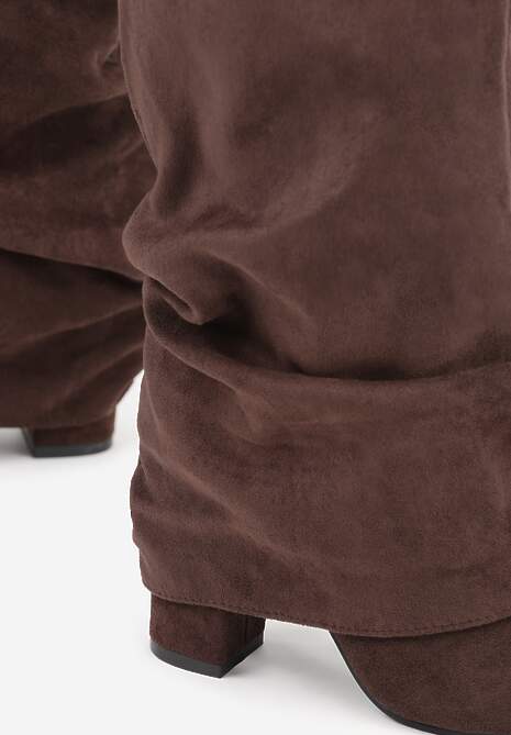 Brązowe Marszczone Kozaki na Słupkowym Obcasie z Wywiniętą Cholewką Runella