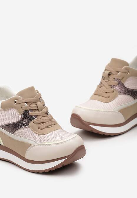 Beżowe Sneakersy na Ukrytym Niewysokim Koturnie z Brokatem Fioralan