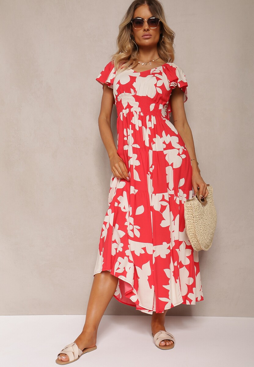 Czerwono-Biała Rozkloszowana Sukienka z Wiskozy z Gumką w Pasie Nansiane