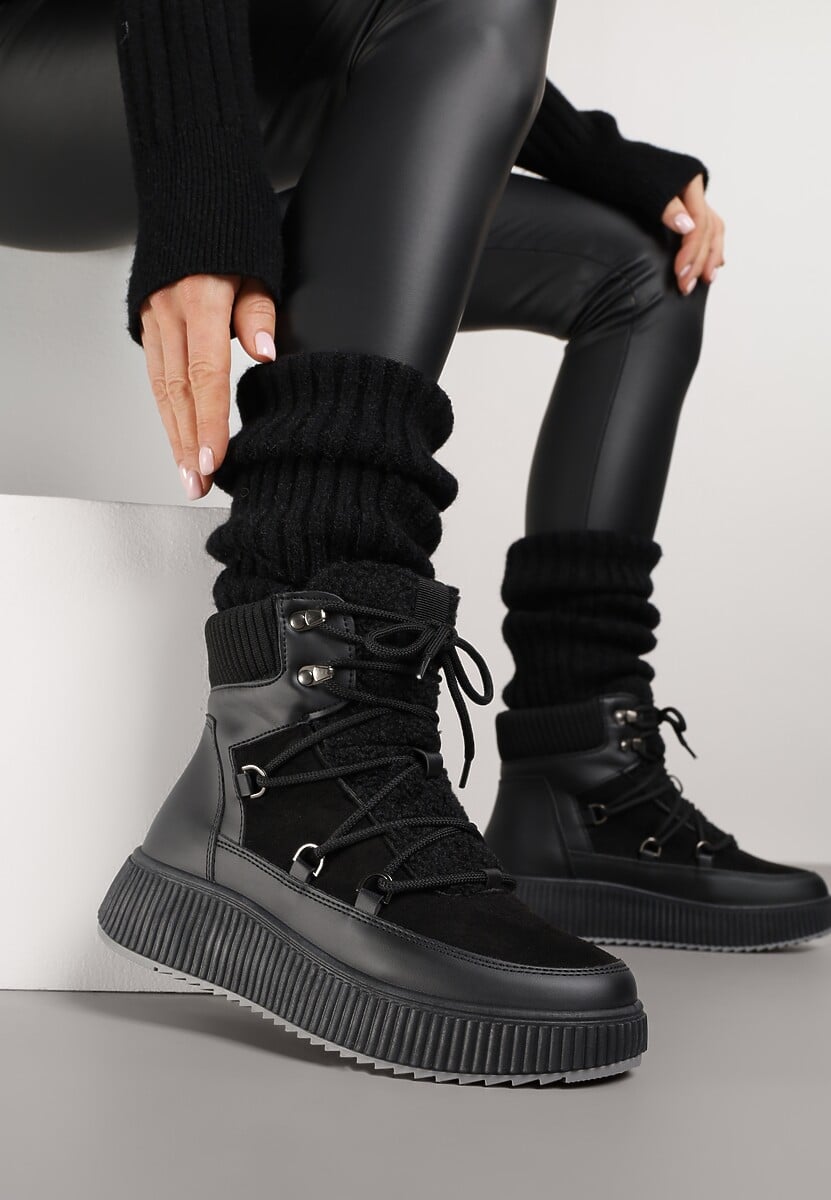 Beżowe Śniegowce Trapery Vices na Płaskiej Podeszwie z Futerkiem w Stylu Baranka ze Sznurowaniem Temirits