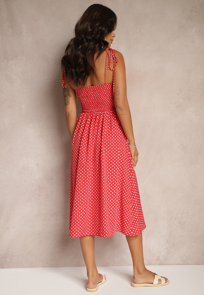 Czerwona Rozkloszowana Sukienka Midi w Kropki na Ramiączkach Mabella