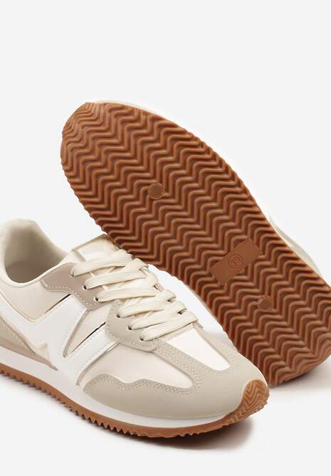 Jasnobeżowe Sneakersy z Geometrycznym Wzorem i Metaliczną Wstawką Zolio