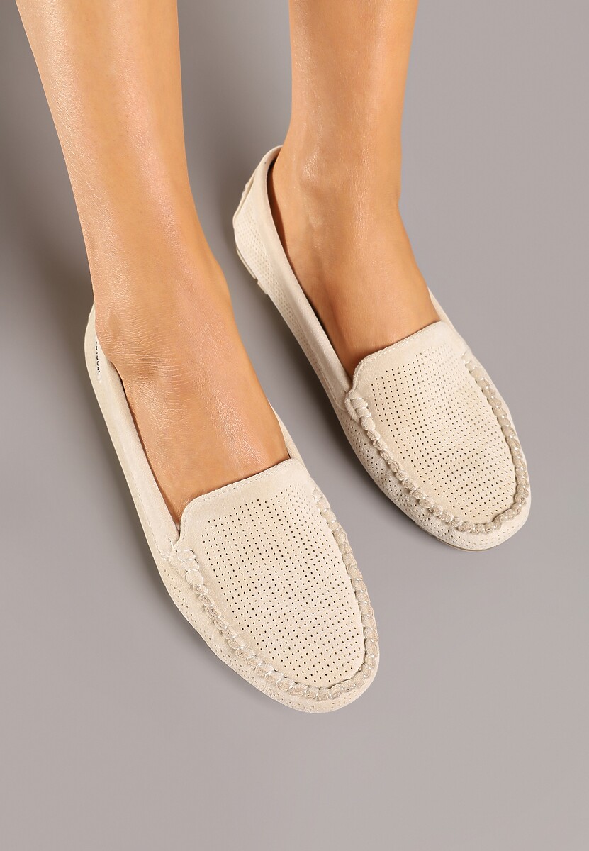 Beżowe Mokasyny z Wkładką ze Skóry Naturalnej i Ozdobnymi Przeszyciami Tereldi