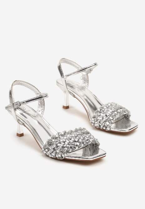 Srebrne Sandały na Obcasie z Paskiem Zdobionym Cyrkoniami Sorlana