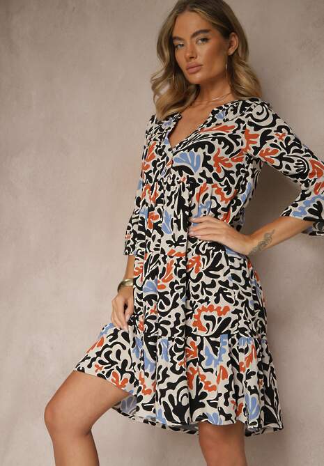 Czarno-Beżowa Sukienka z Wiskozy o Rozkloszowanym Kroju w Abstrakcyjny Wzór Lirese