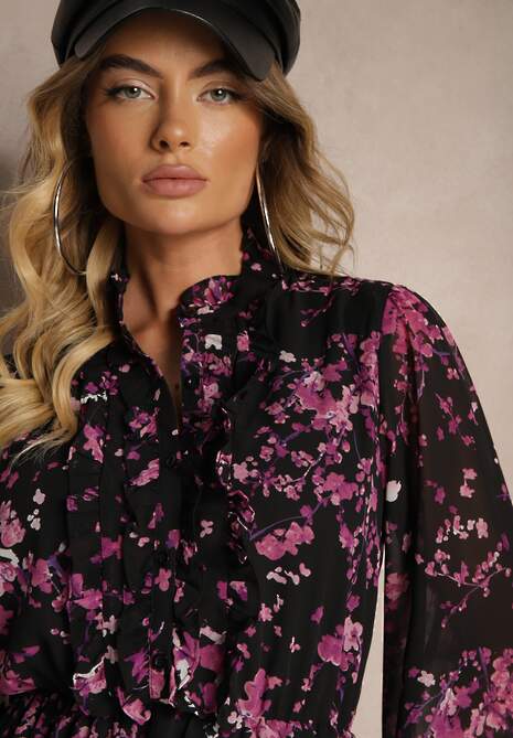 Czarno-Fioletowa Sukienka o Rozkloszowanym Kroju w Kwiaty z Gumką w Pasie Ozdobiona Falbankami Zinilita