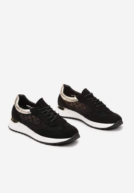 Czarne Ażurowe Sneakersy na Podeszwie z Metaliczną Wstawką Neomira