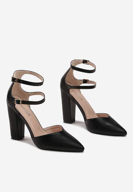 Czarne Czółenka z Ekoskóry ze Szpiczastym Noskiem i Paskami Sivelia