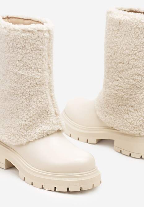 Beżowe Botki na Platformie z Tłoczeniem i Cholewką z Futerkiem Emilith