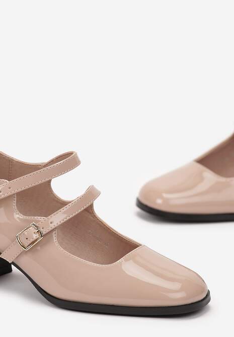 Beżowe Lakierowane Czółenka Zapinane na Dwa Paski Heleo
