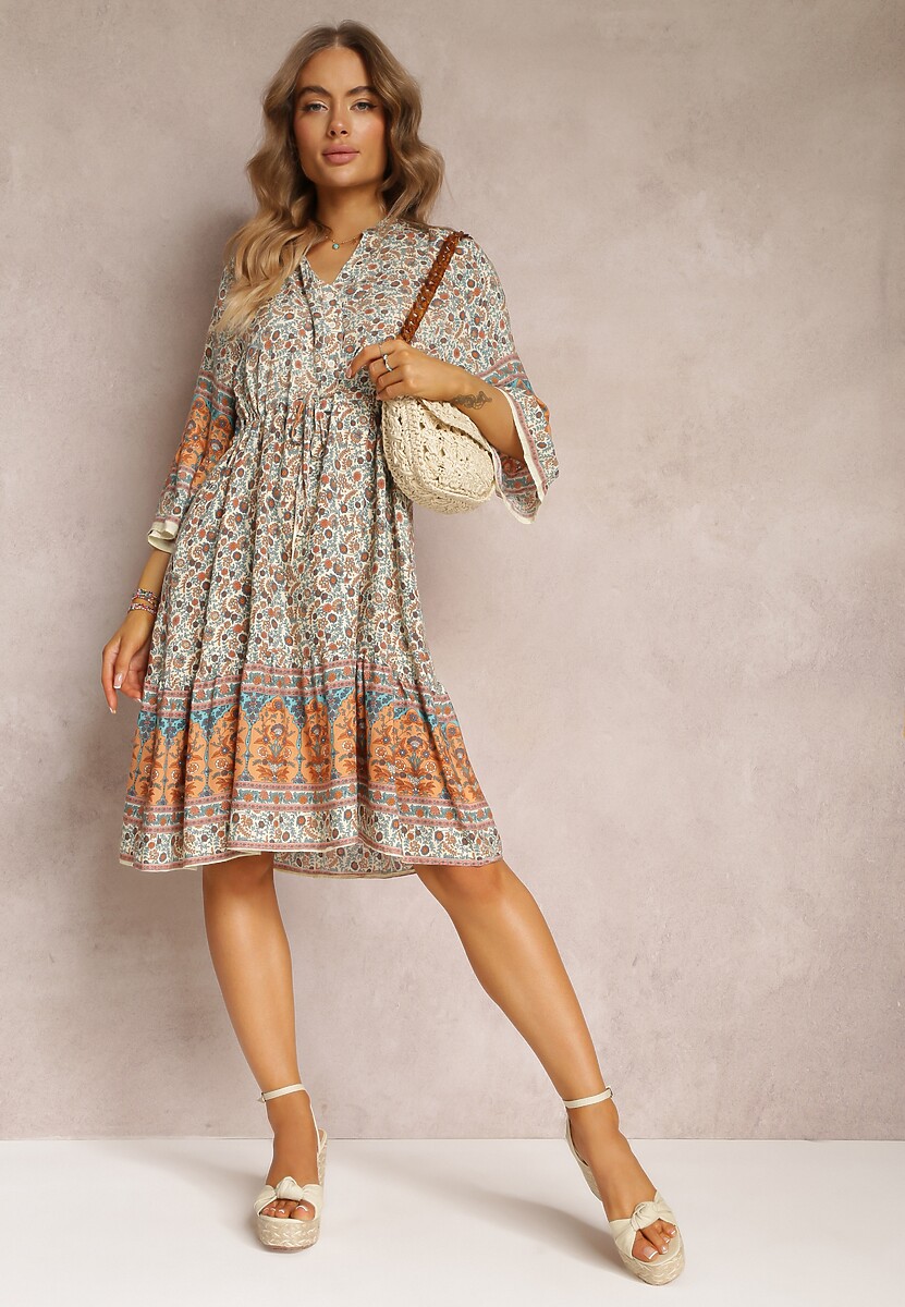 Beżowa Wiskozowa Sukienka w Kwiaty z Rękawem 3/4 i Falbanką Sulamita