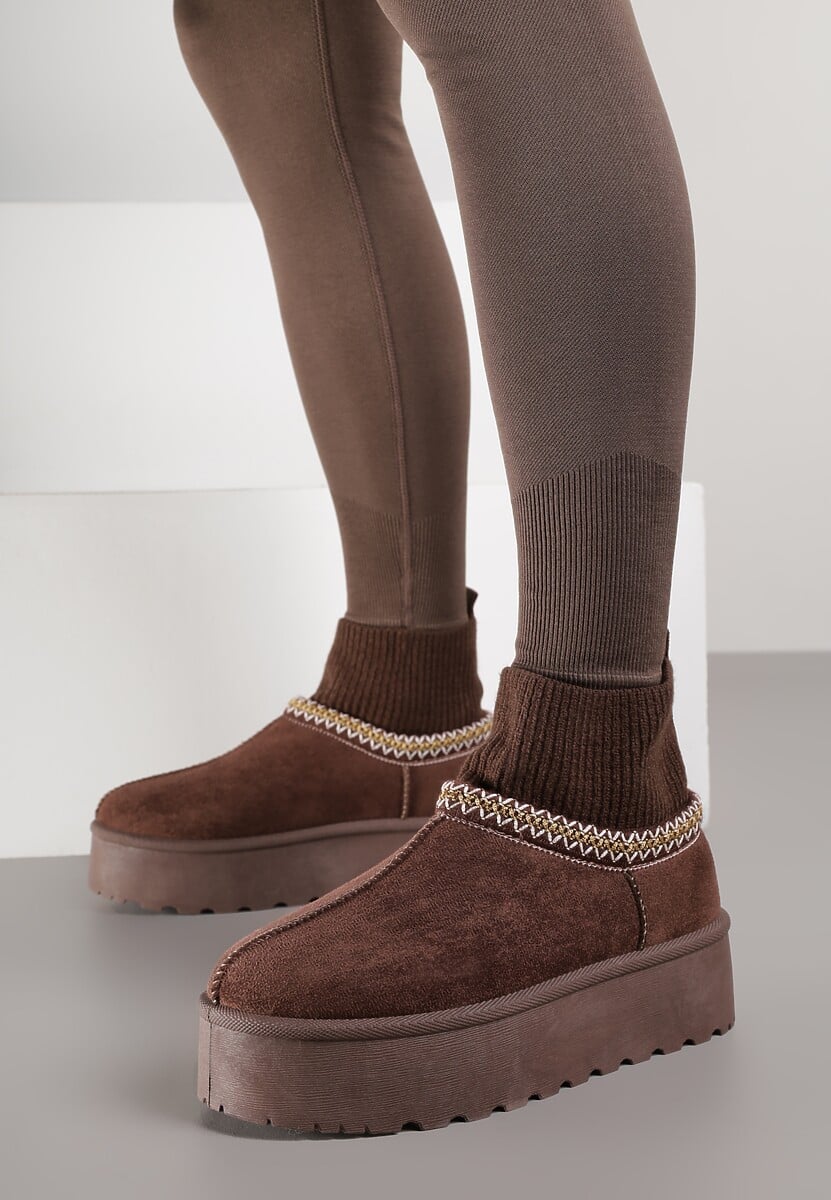 Brązowe Śniegowce VICES na Platformie ze Skarpetkową Cholewką i Haftem Ebentia