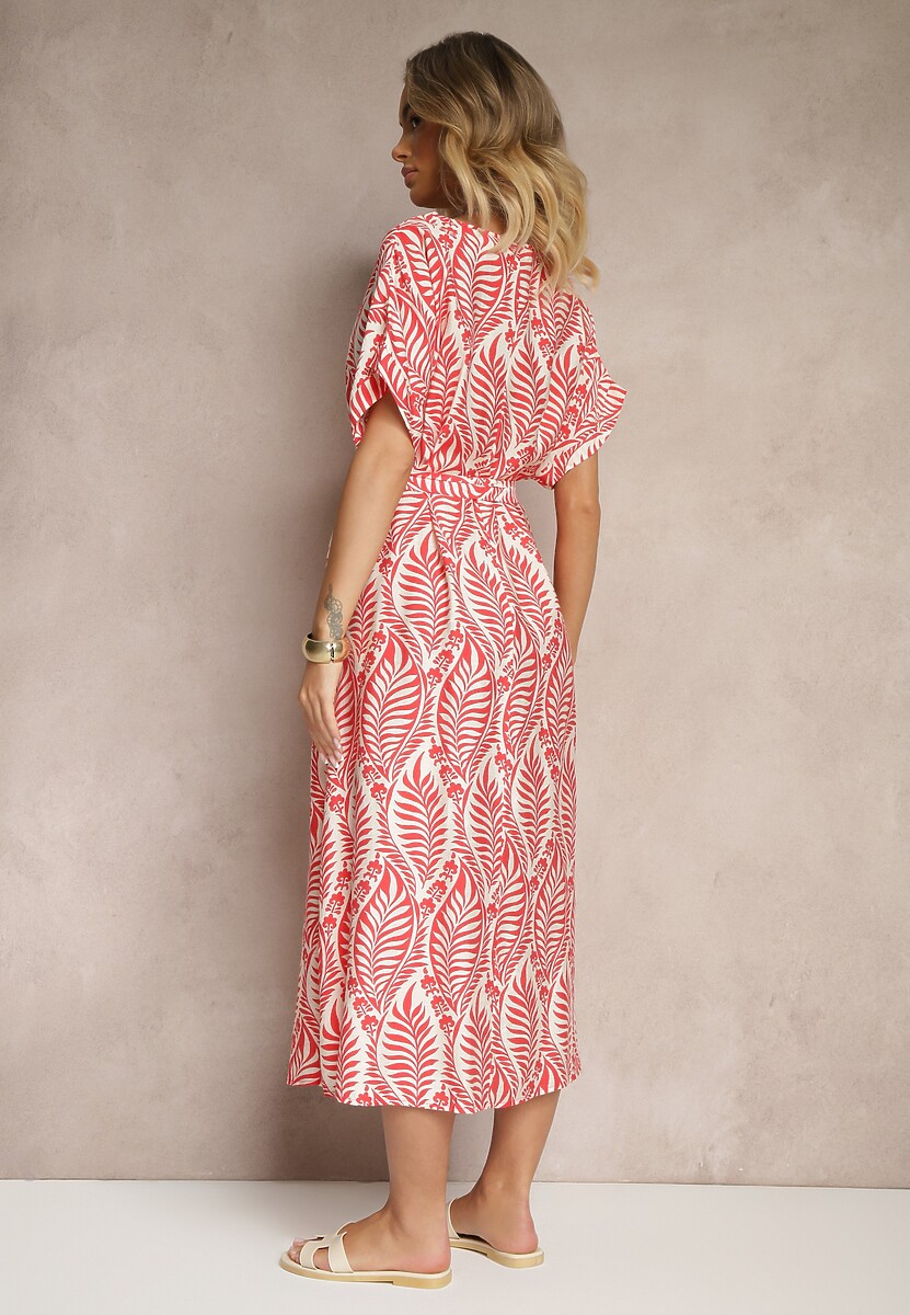 Czerwona Sukienka z Wiskozy Ozdobiona Paskiem i Motywem Liści Belozi